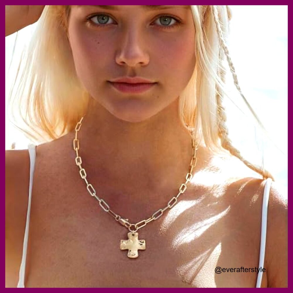 14K Gold/Silver Plated Chunky Cross Pendant Necklace Paperclip Chain - Picture 2 of 7